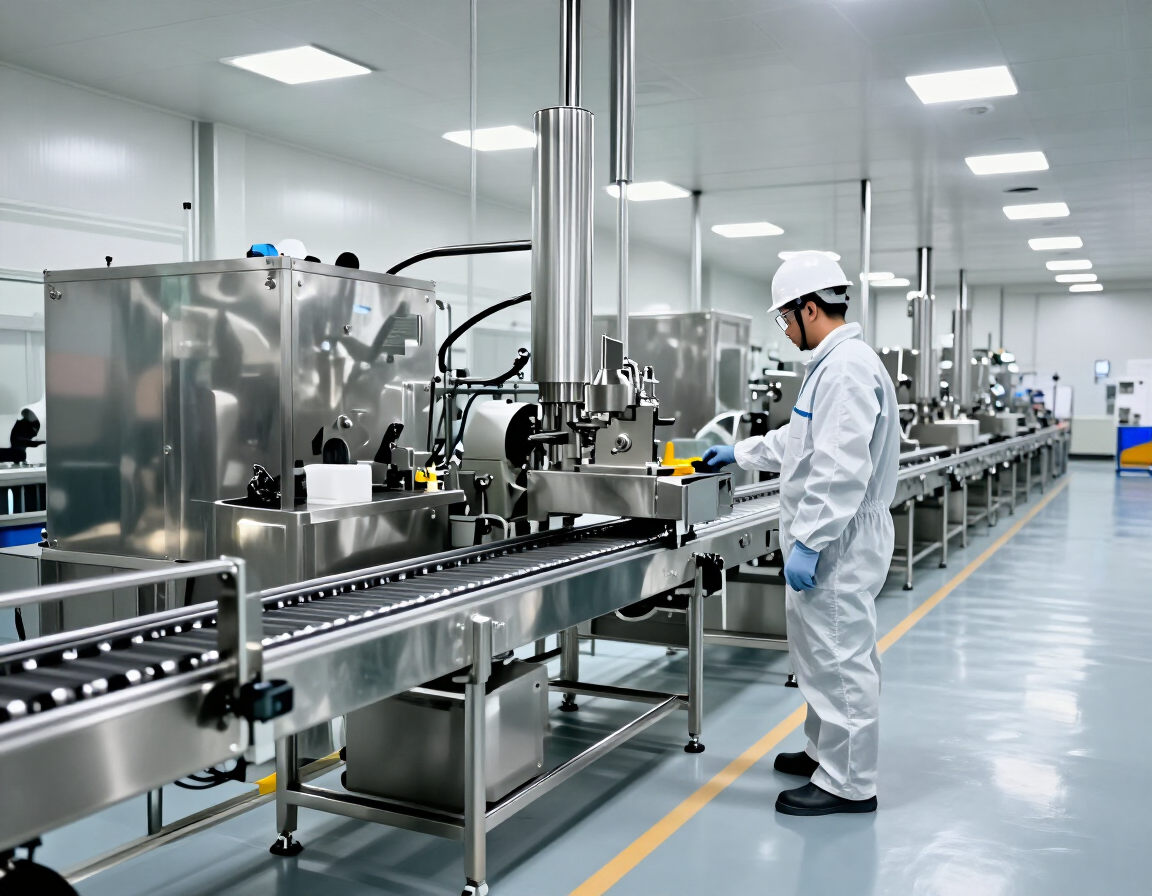 Illustration of a clean production line with a worker in protective gear