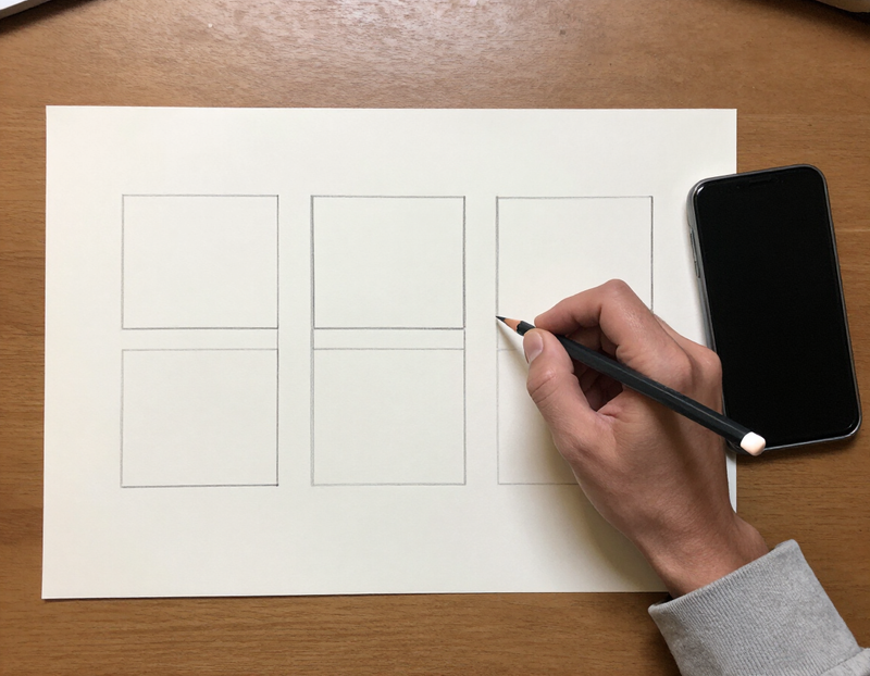 Illustration of three vertical storyboard frames sketched on paper