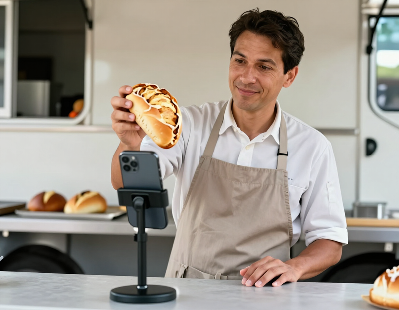Illustration of a bakery owner demonstrating a product to a phone camera