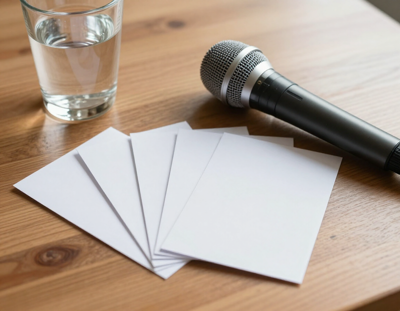 Illustration of interview question cards beside a microphone