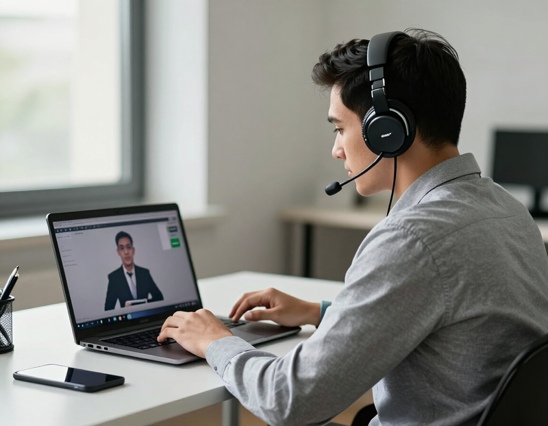 Illustration of a new employee watching a training video on a laptop