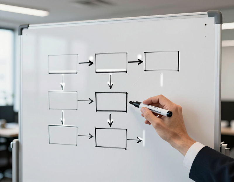 Illustration of a whiteboard with a hand-drawn process flow