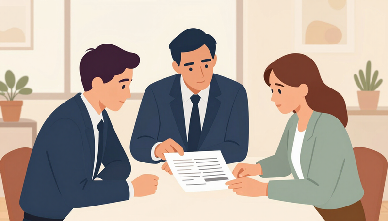 Illustration of colleagues reviewing a printed proposal at a meeting table