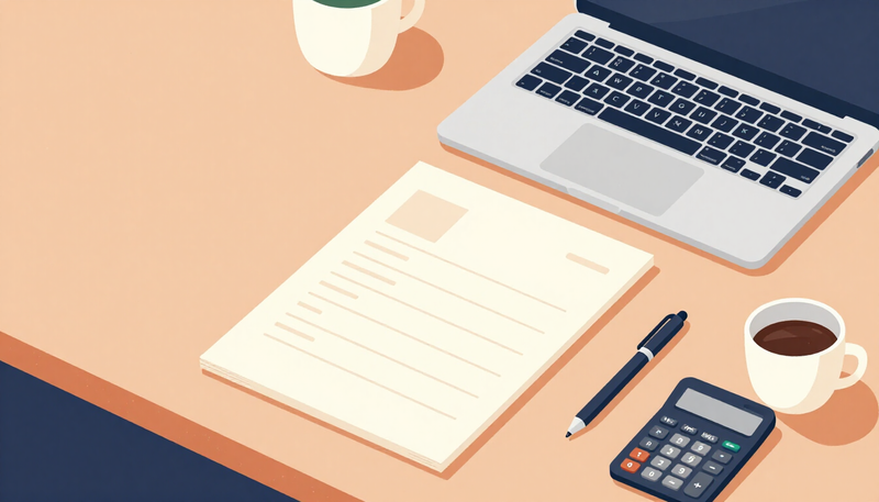 Illustration of a one-page memo on a desk with a pen, calculator and laptop