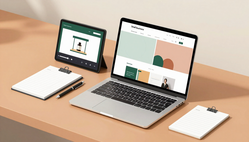 Illustration of a homepage on a laptop beside a video player and a notepad