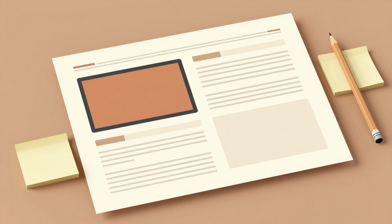 Illustration of a wireframe sketch of a service page with a video placeholder