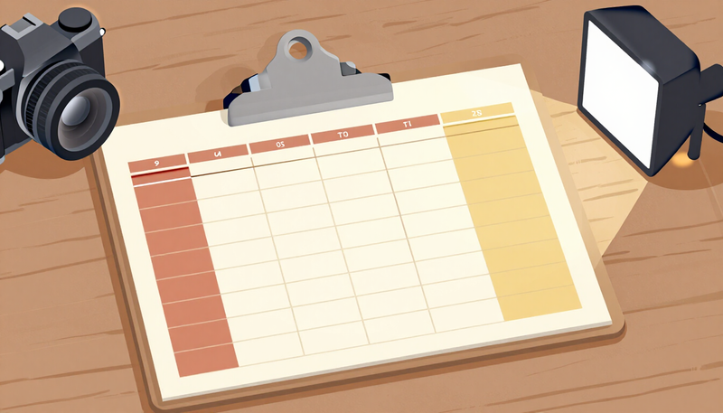 Illustration of a printed schedule grid next to a camera and a small light