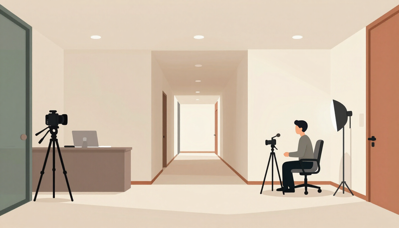 Illustration of an office with a headshot photo station and a seated interview setup
