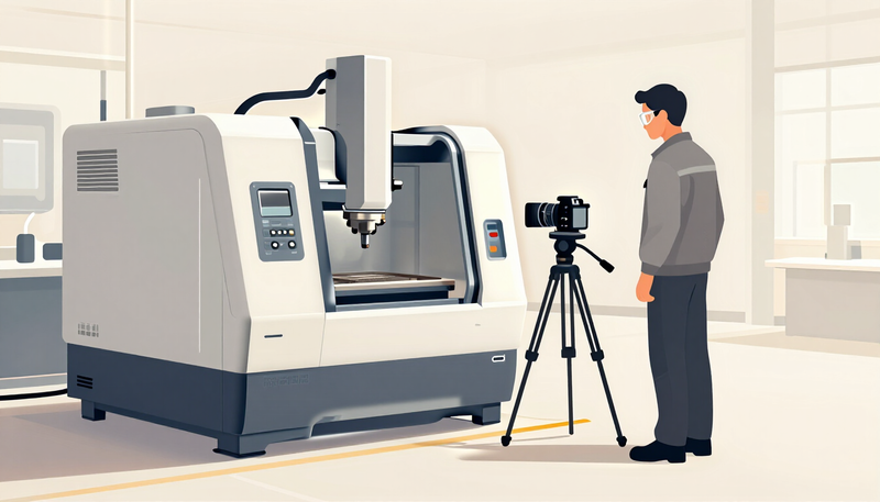 Illustration of a clean manufacturing floor with a machining station and a camera on a tripod