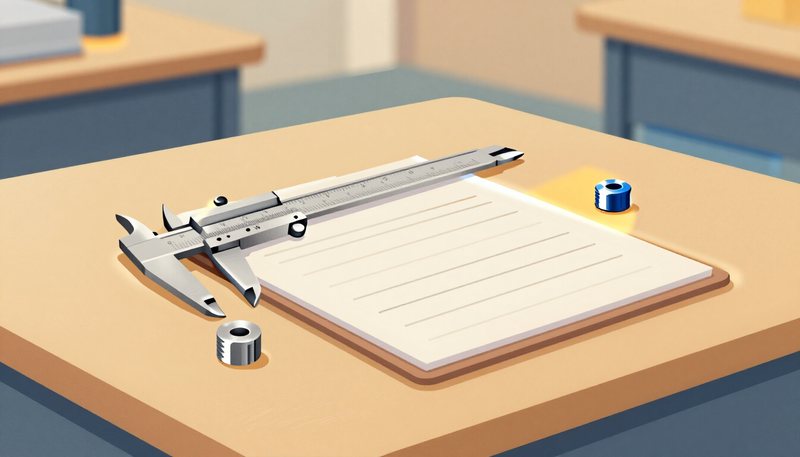 Illustration of an inspection bench with a caliper, a part and a clipboard