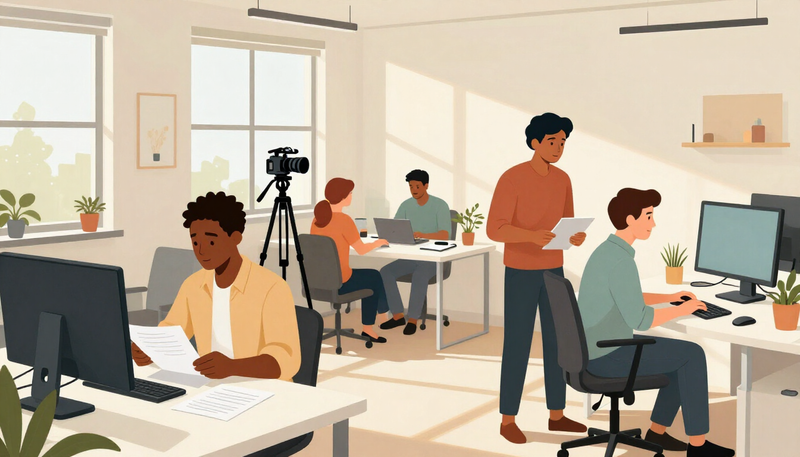 Illustration of employees at work in a bright office with a camera in the background