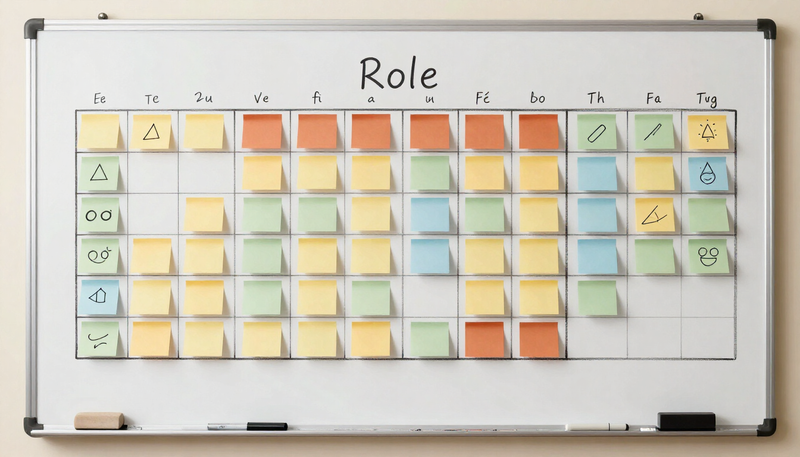 Illustration of a whiteboard with a grid and sticky notes about job roles