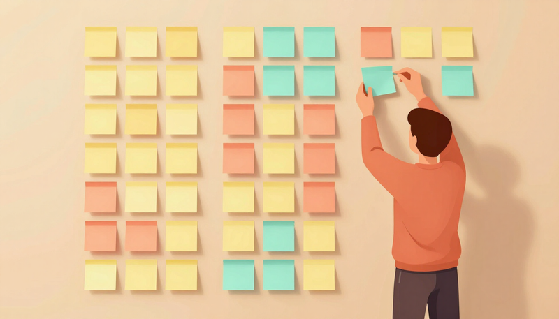 Illustration of sticky notes being sorted into three columns on a wall