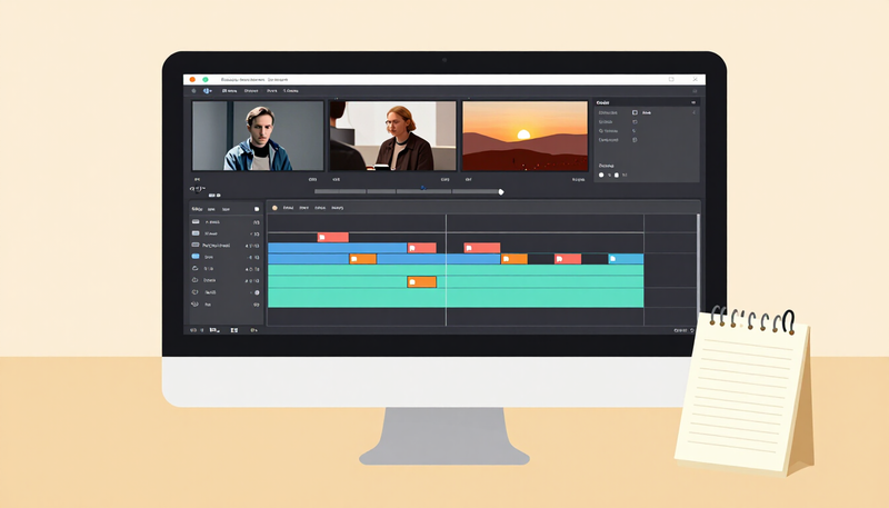 Illustration of a video timeline on a monitor with colored comment markers