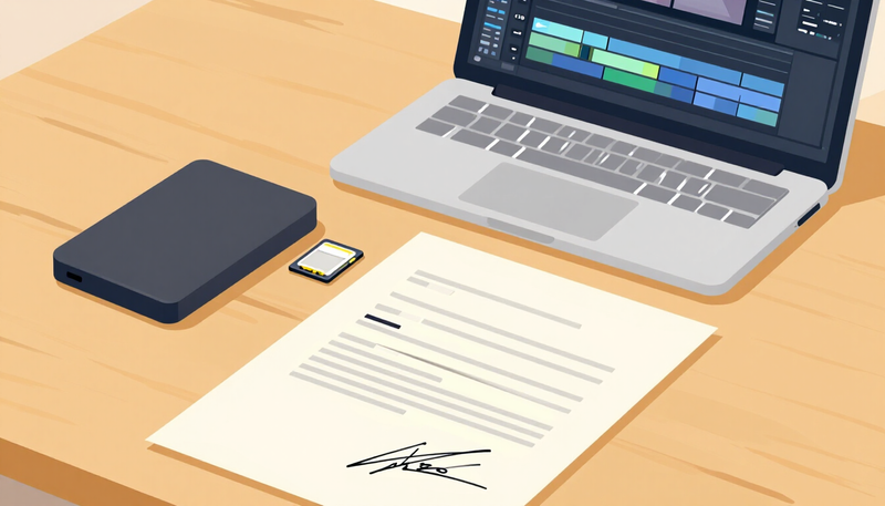 Illustration of a signed agreement beside a hard drive, a memory card and a laptop