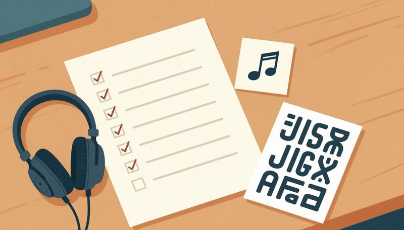Illustration of a checklist beside headphones, a music card and a font specimen card