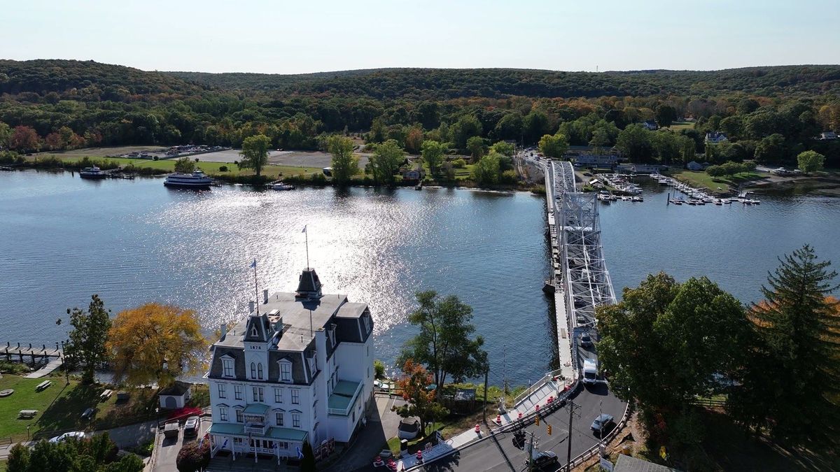 Aerial view of the river and swing bridge in East Haddam