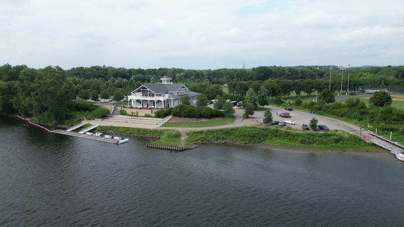 Aerial view of a waterfront recreation setting in the Glastonbury film