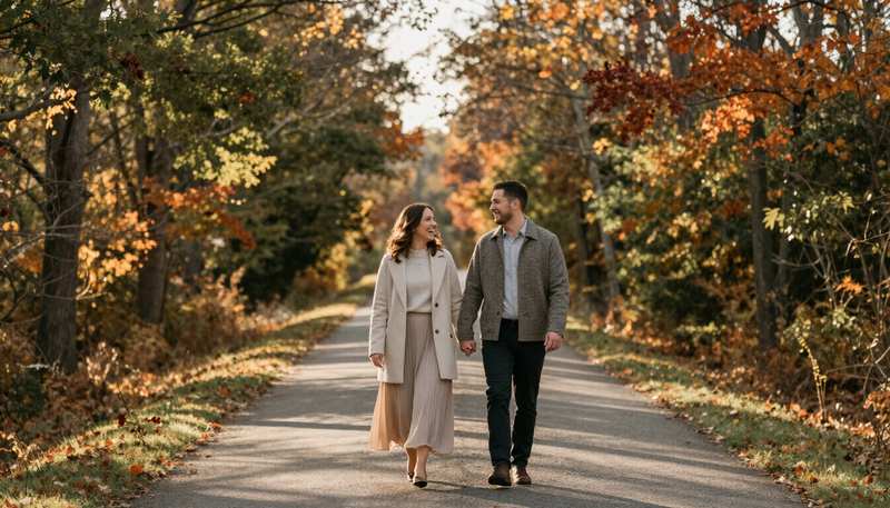 Illustration of a couple walking along an autumn path