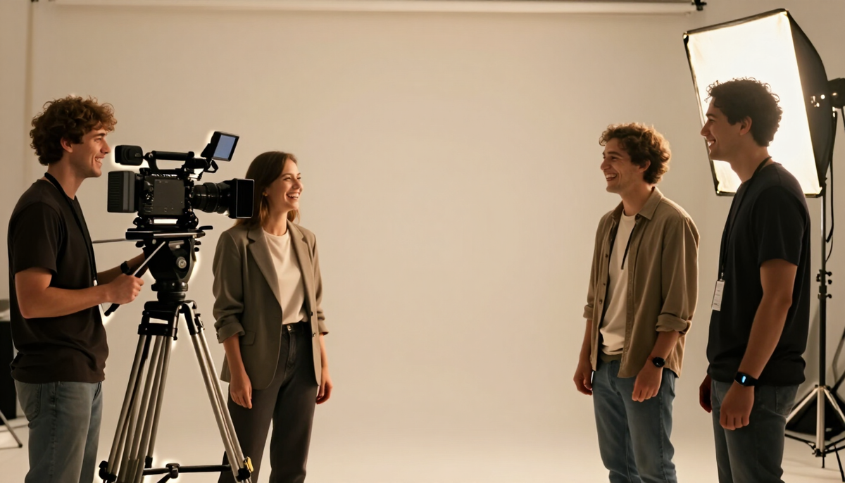 A small film crew and a smiling client on a warm indoor studio set with a cinema camera and softbox
