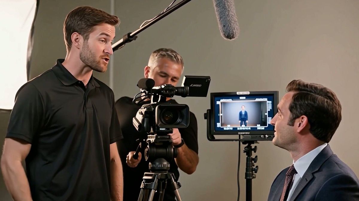 Video production crew preparing an interview setup with a camera, monitor and overhead microphone