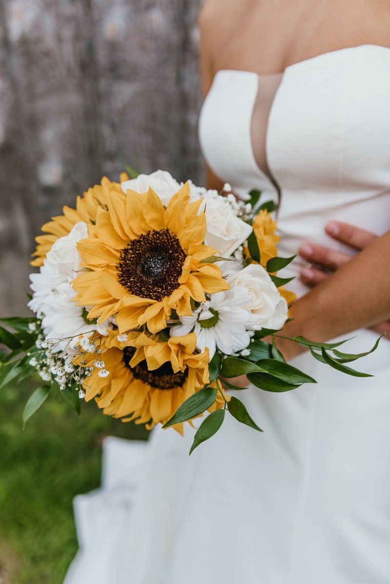 Close view of the sunflower bridal bouquet