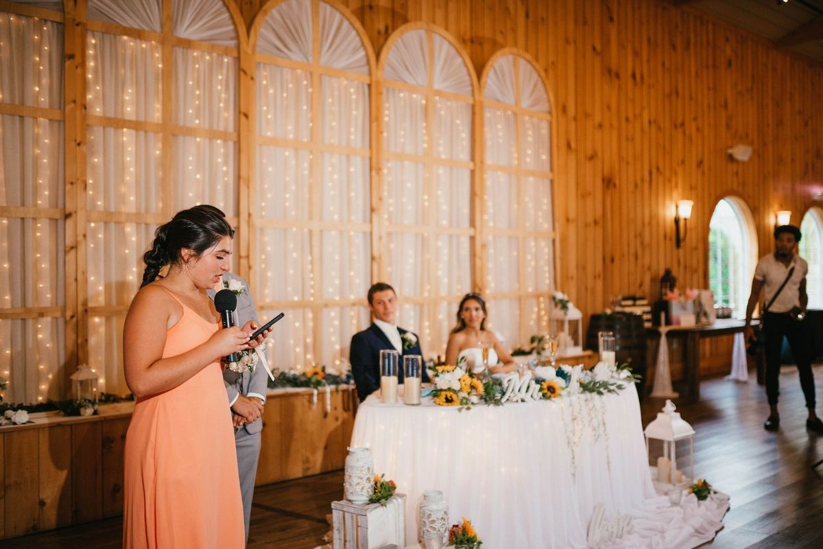A speaker addressing Mariana and Max at the reception