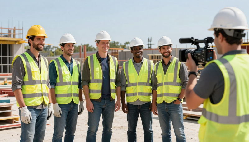 A smiling construction crew on a job site