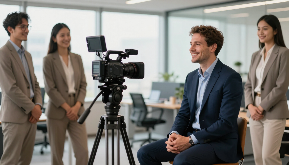 Smiling executive being interviewed on camera in a bright office