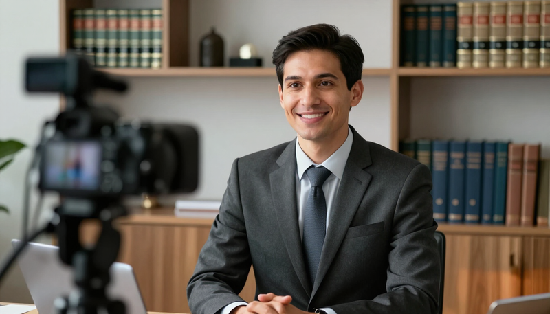 A smiling attorney in a law office