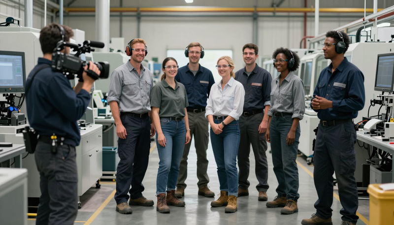 A smiling team on a manufacturing floor