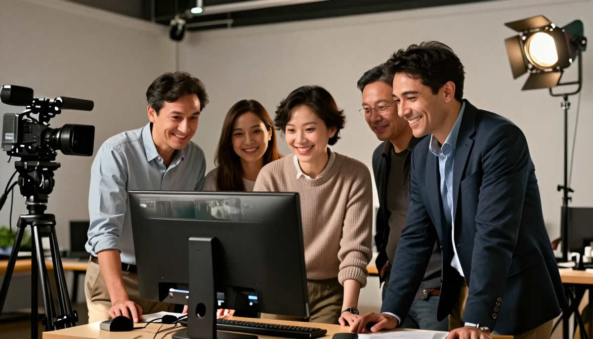 A production team smiling and collaborating around a monitor