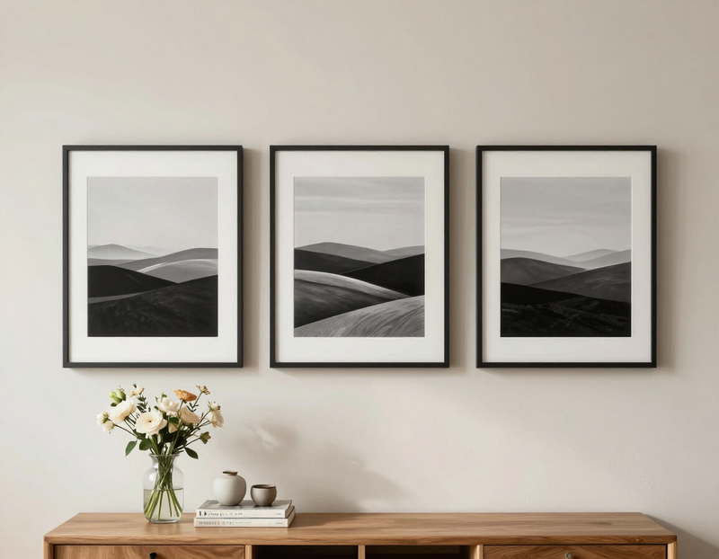 Illustration of framed prints on a living room wall