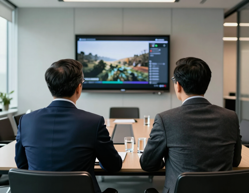 Illustration of two business partners watching a sample video on a large screen
