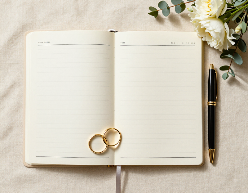 Illustration of a wedding budget notebook with rings and a small bouquet