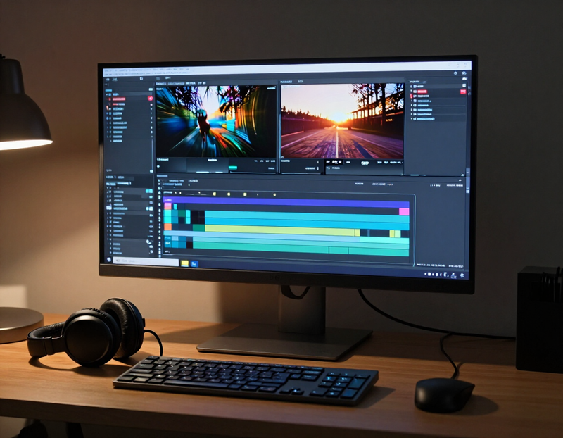 Illustration of a video editing desk with a timeline on the monitor
