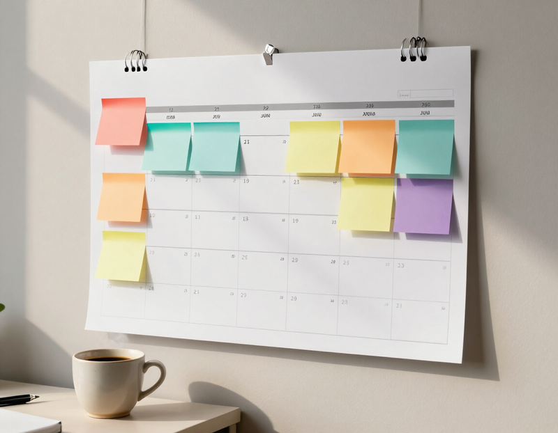 Illustration of a wall calendar with colored sticky notes