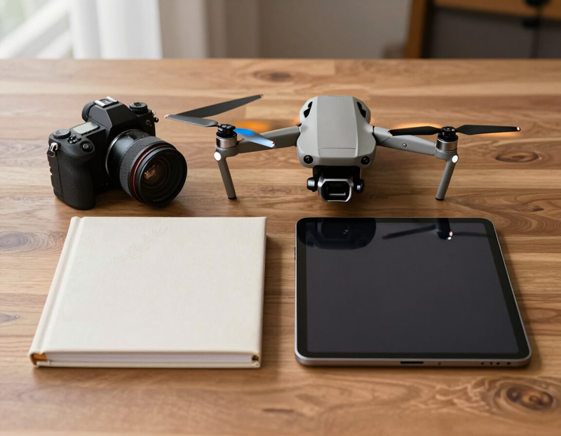 Illustration of a camera, drone, album and tablet arranged on a table