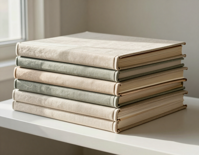 Illustration of wedding albums stacked on a studio shelf