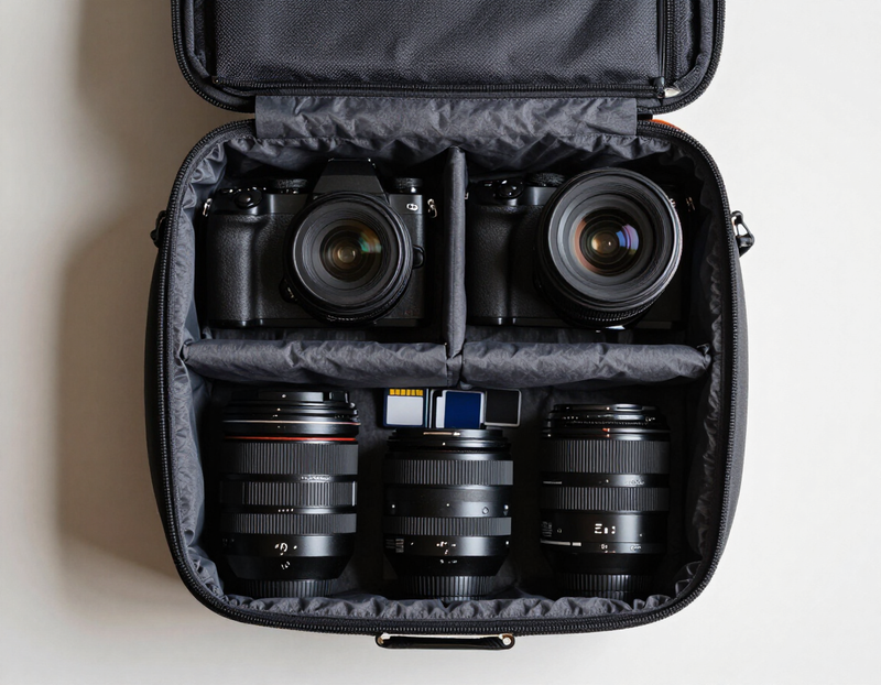 Illustration of camera bodies, lenses and memory cards laid out from a bag