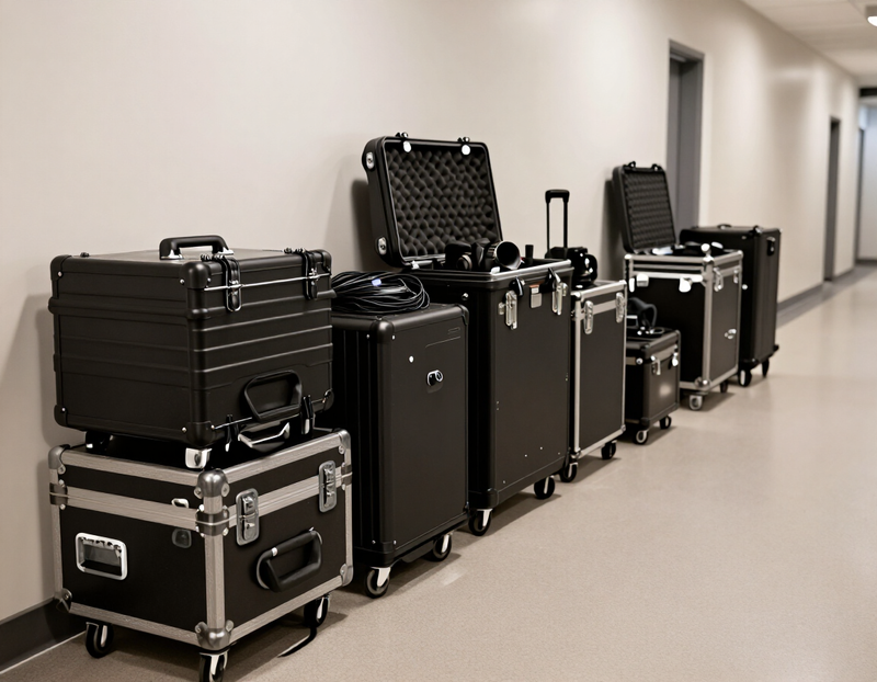 Illustration of rolling gear cases lined up before a shoot