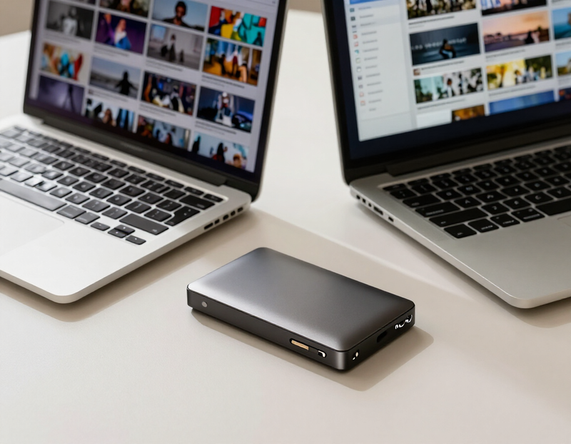Illustration of a hard drive and laptop showing a grid of finished videos