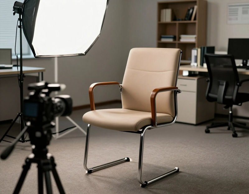 Illustration of an empty interview chair with a softbox and camera
