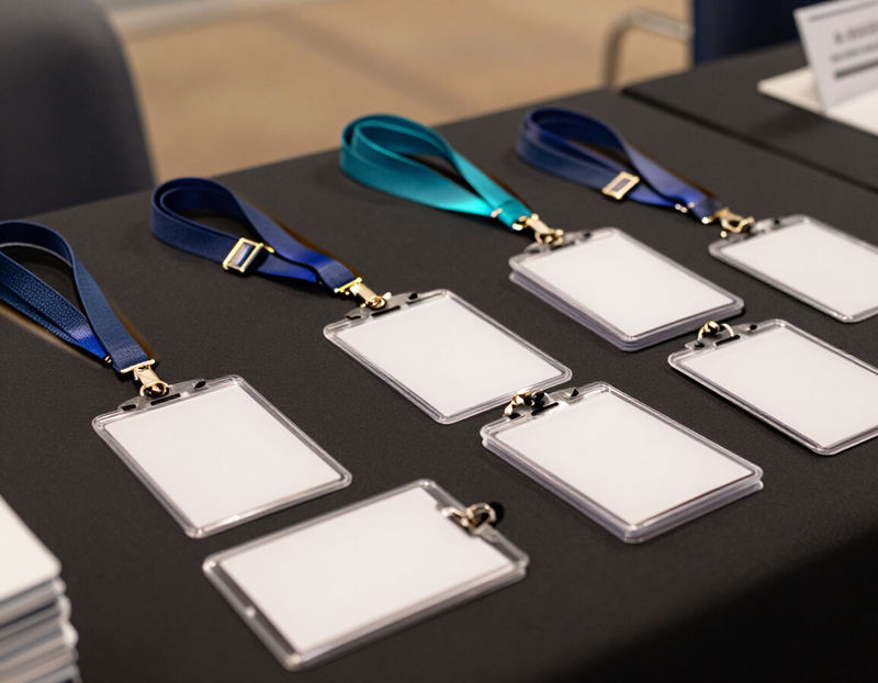 Illustration of an event registration desk with badges laid out