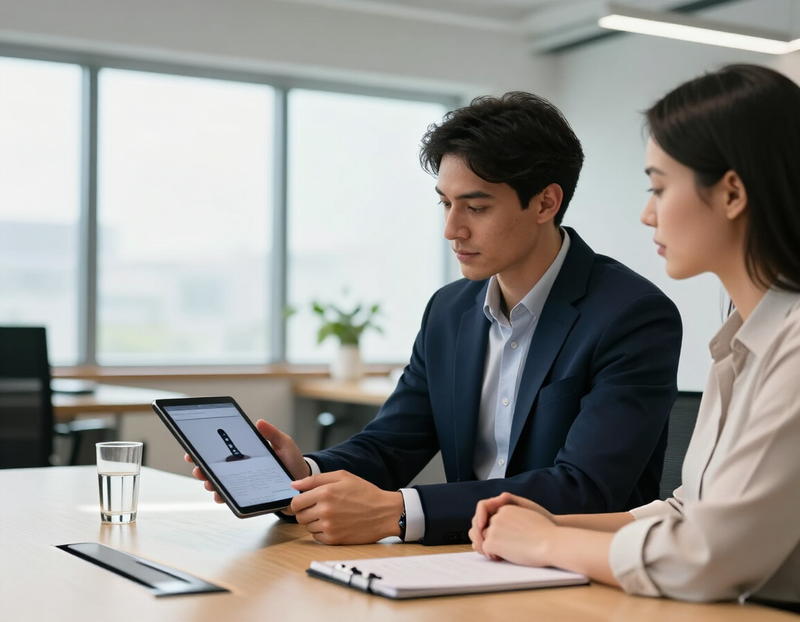Illustration of a salesperson showing a short video to a client on a tablet