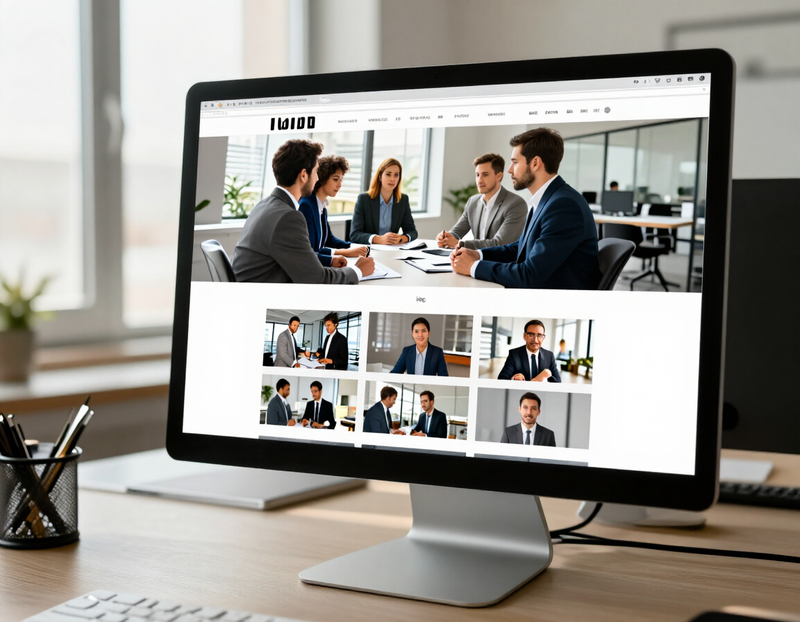 Illustration of a business website with a hero video and photo grid