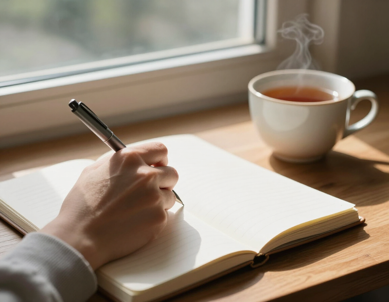 Illustration of handwriting vows in a notebook at a sunny window