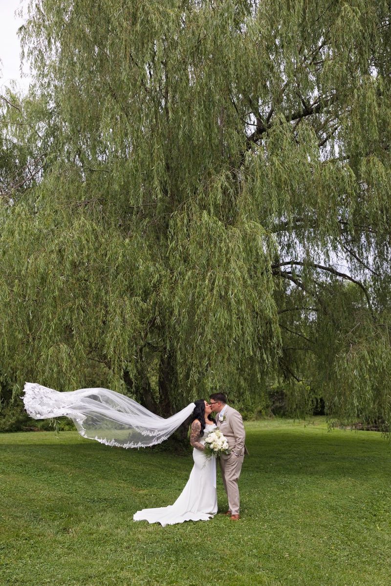Sadie’s veil lifts across a wide portrait beneath the willow trees