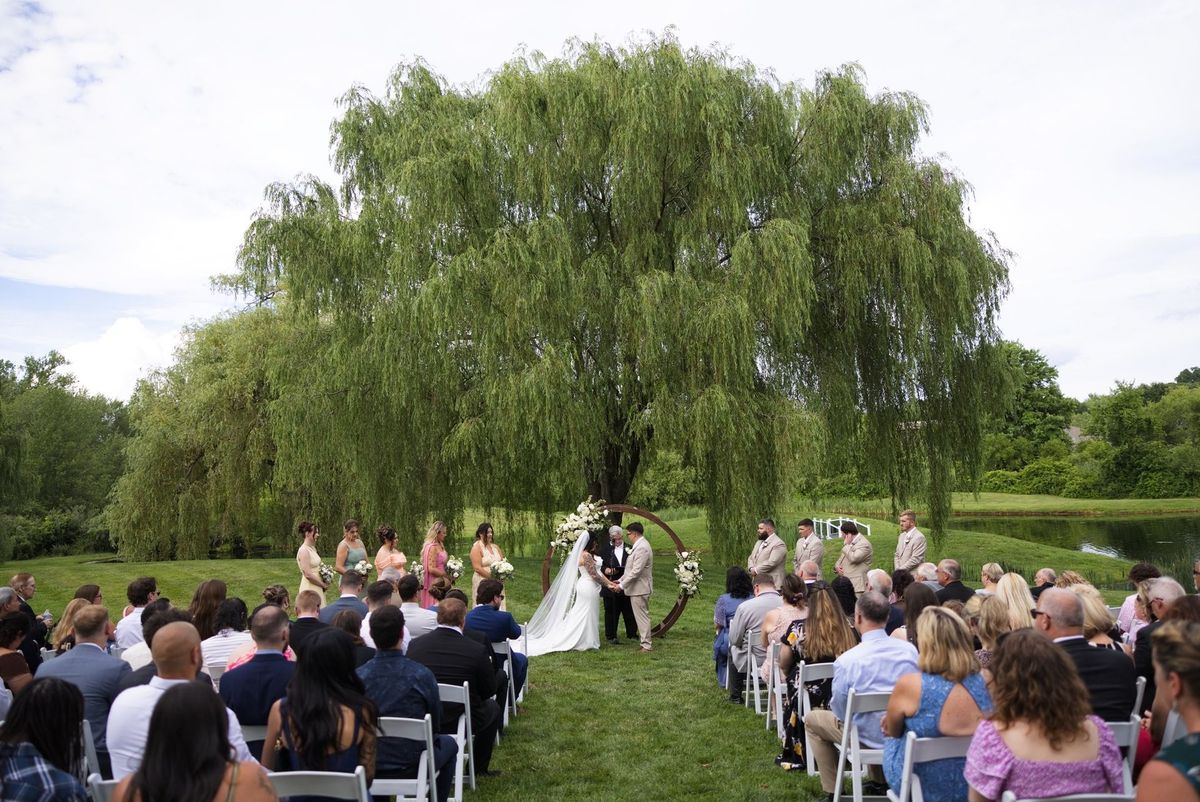 A wide view of Sadie and Mat’s outdoor ceremony beneath the willow trees
