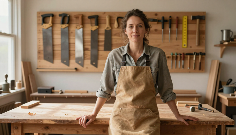 Illustration of a craftsperson standing in a sunlit woodworking workshop